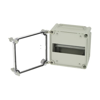 Fibox DIN-skinnekasse MC EKHA 191913 T-2FSH med transparent, hængslet låg åbent og plads til 1x9 moduler.