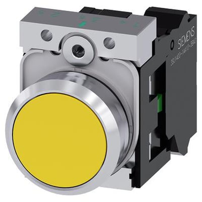 Siemens 22 mm trykknap i skinnende gul metal med flad knap, holder og skrue til tilslutning.