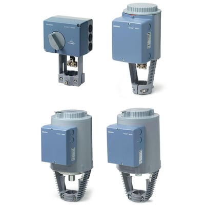 Siemens Acvatix SQX62 ventilaktuator med 3-punkts styring og drejehjul, samt en Siemens Acvatix SKD32 ventilaktuator vist ved siden af.
