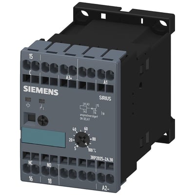 Siemens SIRIUS 3RP20 tidsrelæ med 1CO, 24VAC/DC, 100-127V, 45mm bredde og fjederklemmer.