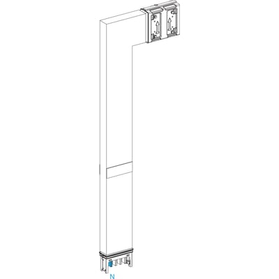 Schneider Electric Canalis vinkel 400A ned, model KSA400DLF41F, vist i isometrisk perspektiv med fokus på samlingen og tilslutningspunkterne.