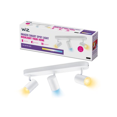WiZ Imageo spotlampe med 3 justerbare spots, tunable white, hvid i metal med pakning og produktdetaljer.