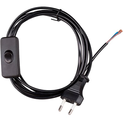 Sort 2 meter lang ledning med afbryder og hanstik, rund form og 2x0,75 mm² ledningstværsnit.