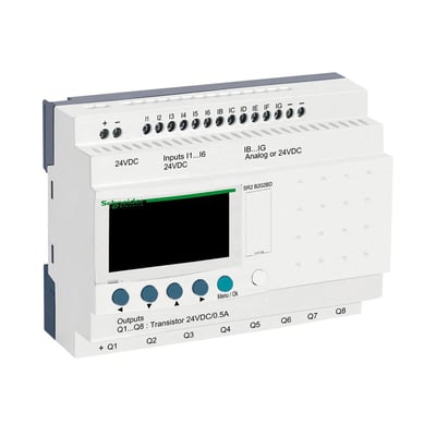 Schneider Electric Zelio Logic SR2 smart relæ med 20 I/Os, LCD-skærm og skrue-klemmer, vist forfra med tydelig branding.