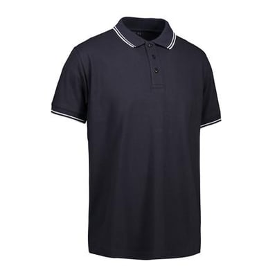 ID Identity navy poloshirt i stretch piquékvalitet med hvid kontraststribe på krave og ærmer, størrelse 4XL.