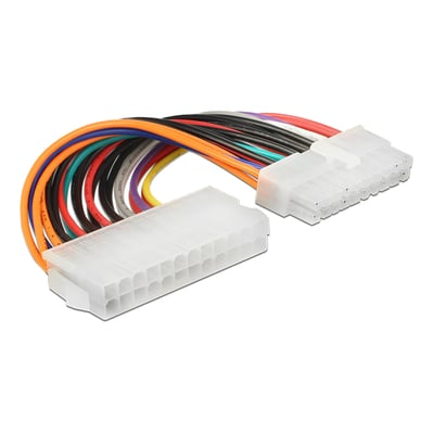 Delock ATX-strømkabel på 10 cm med 24-pin hunstik og 20-pin hanstik, hvide stik og flerfarvede ledninger.