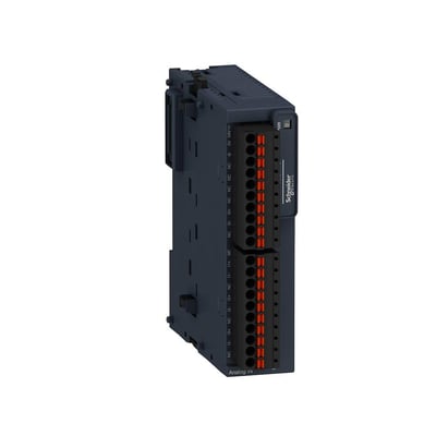 Schneider Electric TM3 udvidelsesmodul til termoelementer med 24V forsyning, vist på hvid baggrund.