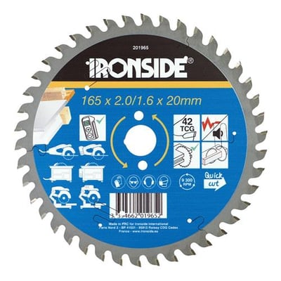 Ironside rundsavklinge til aluminium med 42 tænder, vist forfra med blå mærkat og savtakket kant.