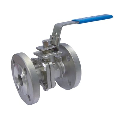 Syrefast 2-delt flangekuglehane i rustfrit stål med fuldt gennemløb og boltecirkeldiameter på 100mm.