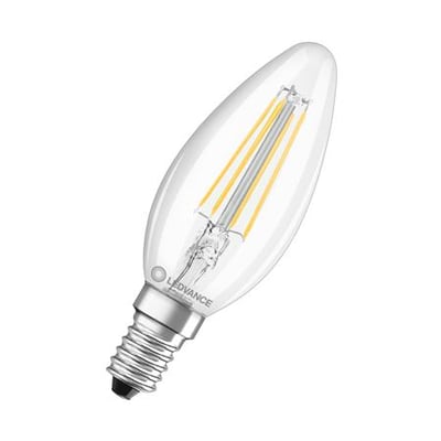 Osram LED kertepære 4W med E14 sokkel og klar glas, viser filamentdesign og 840 farvetemperatur.