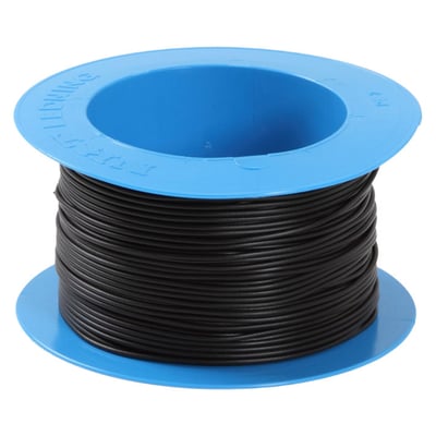 Nexans H07V2-K koblingsledning 1x2,5 sort på en blå kabeltromle, hvid baggrund.