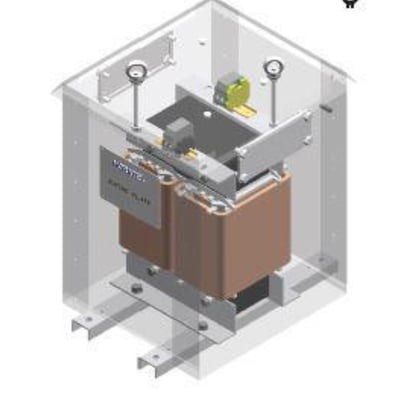 3D-rendering af 6,3kVA skilletrafo med klar kapsling, viser kobber viklinger og monteringsdetaljer.