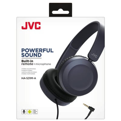 JVC HA-S31M-A-E on-ear hovedtelefoner i blå med indbygget fjernbetjening og mikrofon vist på emballagen.