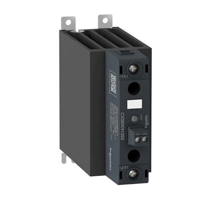 Schneider Electric solid state relæ (SSR) til DIN-skinne med 48-600VAC, 1-faset, 60A og 24VDC forsyning.