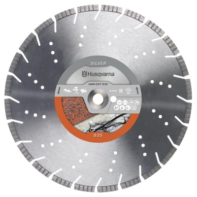 Husqvarna Vari-Cut S35 diamantklinge, 350x25,4mm, med Silver-serie mærkning og symboler for brug på beton og granit.