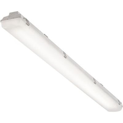 Lumitech LED-industriarmatur på 19 W med gråt armaturhus og lang opal skærm, set skråt fra enden.