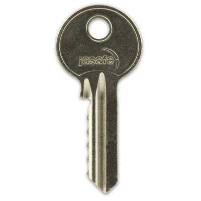 Jasafe nøgleemne med 5 stifter og mat nysølv finish, tydeligt logo og savtakket blad.