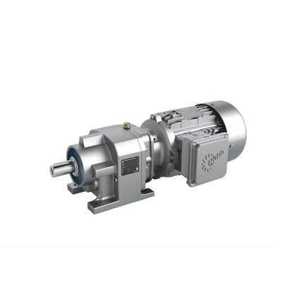 NORD DRIVESYSTEMS tandhjulsgearmotor med 15 kW IE3 motor, sølvfarvet metal, 395 Nm og 36 omdr./min. med glat, rengøringsvenlig overflade.