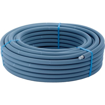 En rulle Geberit FlowFit PE-RT-alu-PE-RT-RIR 16x2mm brugsvandsrør, isblå, bundet med blå bånd.