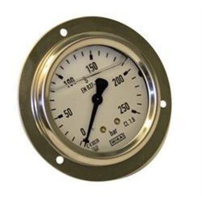 WIKA hydraulisk manometer MSE 1063 GLY CR, Ø63mm, med frontflange og 1/4" tilslutning, viser et måleområde op til 250 bar.
