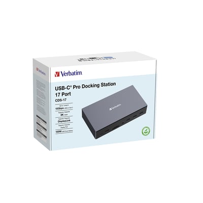 Verbatim USB-C Pro Docking Station CDS-17 i mørkegrå præsenteret i sin emballage på en hvid baggrund.