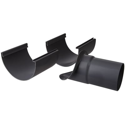 Plastmo justerbart tudstykke til tagrende, grafitgrå, 75mm diameter, vist i en gruppe af tre dele for at vise designet.