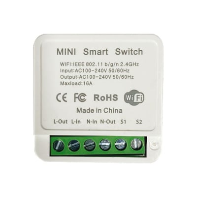 V-TAC MINI Smart Switch med WiFi, CE, FCC, RoHS mærkninger og tilslutningsterminaler.
