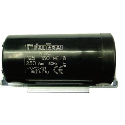Italrad MSC startkondensator med montagebøjle, 125-160 uF, 250 Vac, fremstillet i Italien.