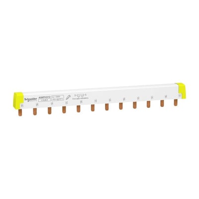 Schneider Electric Acti 9 sløjfeskinne, 3-faset, 100A, 12 moduler, hvid med gule endestykker og kobberstifter.