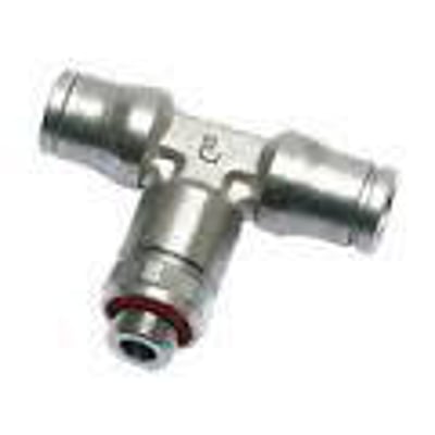 Parker Legris vridbart T-stykke til Ø8 mm rør og G1/8" gevind, fremstillet af kemisk forniklet messing med røde pakninger.