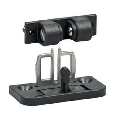 AZ15/16-B1-2053 låsesystem med kuglelås til sammenlåsning af afskærmninger, viser de to samvirkende dele i sort plast og metal.