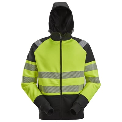 Snickers hi-vis hættetrøje, str. M, gul/sort, med hætte oprejst, lynlås lukket, klasse 2 synlighed.