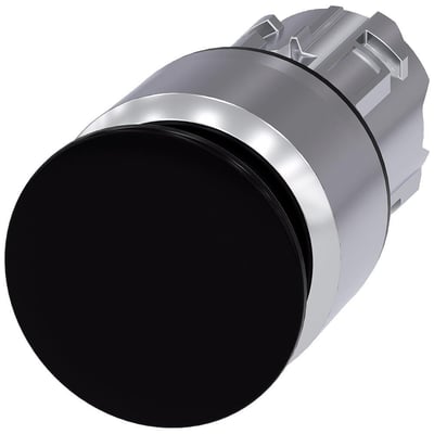 Siemens SIRIUS ACT paddetrykknap i sort metal med 30mm aktuatordiameter og 22mm monteringshul på hvid baggrund.