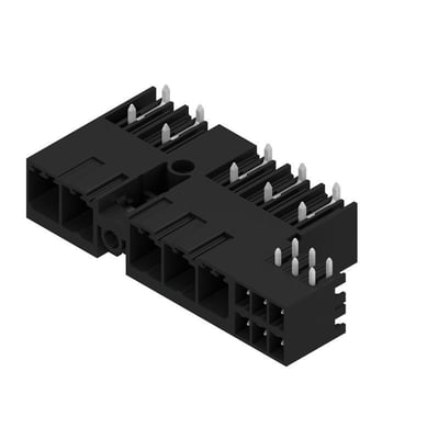 Weidmüller hybridstik til printkort med fem poler og 7,62 mm afstand, set skråt ovenfra med synlige kontaktstifter.
