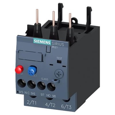 Siemens Sirius 3RU21 termorelæ med et indstillingsområde på 2,8-4,0A, viser røde og blå reset-knapper samt testfunktion.
