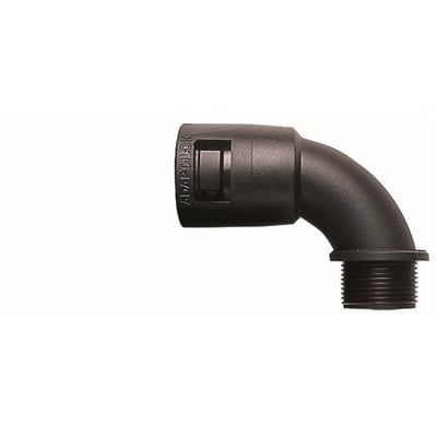 Sort 90° vinkel forskruning af Polyamid (Nylon) 66 med M20 metrisk gevind og kobling til 17 mm slanger.