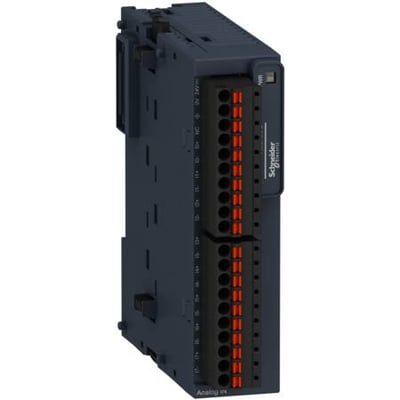 Schneider Electric Modicon TM3 analog indgangsmodul med 8 kanaler og 12 bit opløsning, vist fra siden på hvid baggrund.