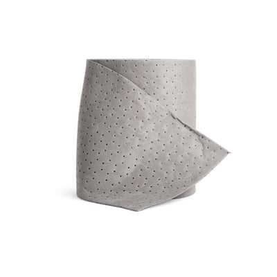 Grå universal absorberende rulle, 40 cm x 40 meter, med synlige perforeringer og et stykke trukket ud.
