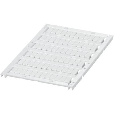 Schneider Electric mærkekort til 2,5mm2 klemme, blank finish, 72 stk. i plastramme på hvid baggrund.