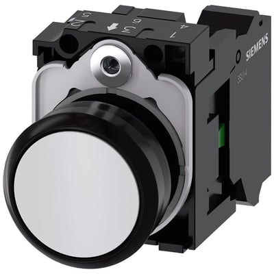 Siemens 22 mm trykknap i sort plast med en rund, flad hvid knap og synlige terminaler bagpå.
