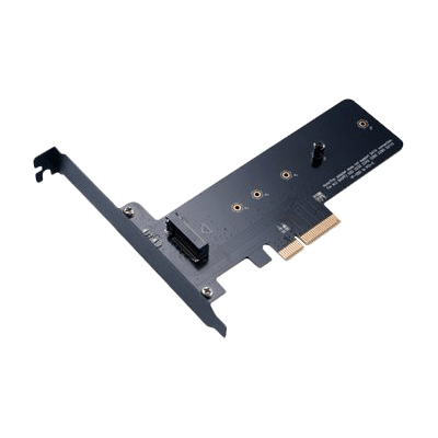 Akasa M.2 SSD til PCIe adapterkort i sort, vist med monteret full height beslag på hvid baggrund.