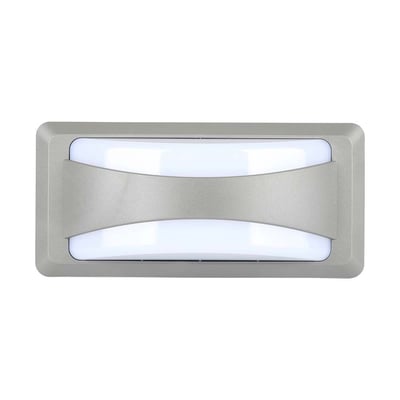 V-TAC 12W LED væglampe i gråt PC-materiale med et moderne buet design på hvid baggrund.