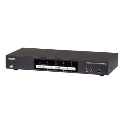 Sort ATEN CS1944DP KVMP-switch med fire porte, knapper og USB-, lyd- og DisplayPort-funktioner, set forfra.