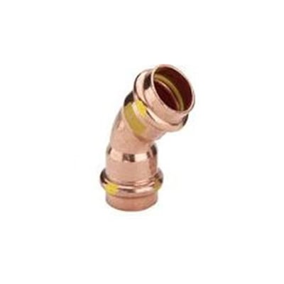 Viega 28 mm muffe/muffe presfitting til gasinstallationer, en 45 graders kobberbøjning med SC-Contur.