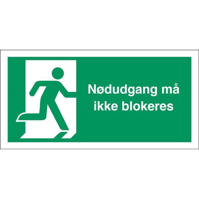 Grønt flugtvejsskilt med hvidt løbende mand-symbol og teksten 'Nødudgang må ikke blokeres' i hvid skrift.
