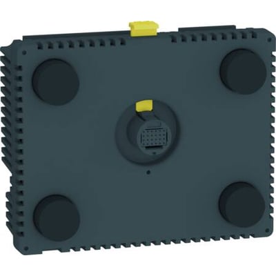 Schneider Electric CPU bagmodul til HMISCU med 16 digitale input og 10 outputs, set bagfra med stik og runde monteringsfødder.