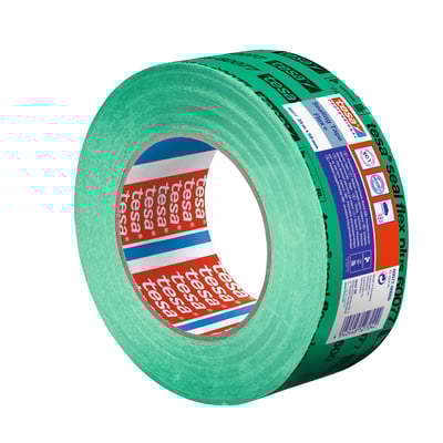 Tesa dampspærretape 60077 SealFlex i grøn, 50 mm x 25 m, vist som en rulle med tydelig Tesa-logo og produktinformation på etiketten.