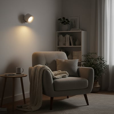 LEDlife genopladelig væglampe i hvid oplyser en hyggelig læsekrog med en lænestol og plaid.