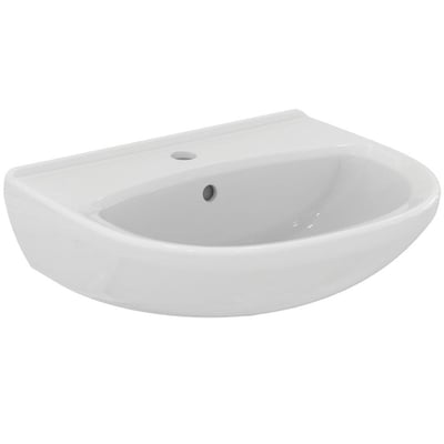Nærbillede af Ideal Standard Alpha håndvask i hvid porcelæn, 500x430 mm, med buet forkant og overløbshul.
