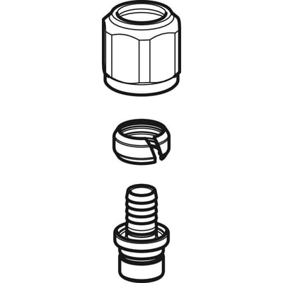 Illustration af Geberit Sigma PEX-tilslutning med 16mm dimension, vist i tre dele: koblingsmøtrik, klemring ognippel. Monteres til cisterne.